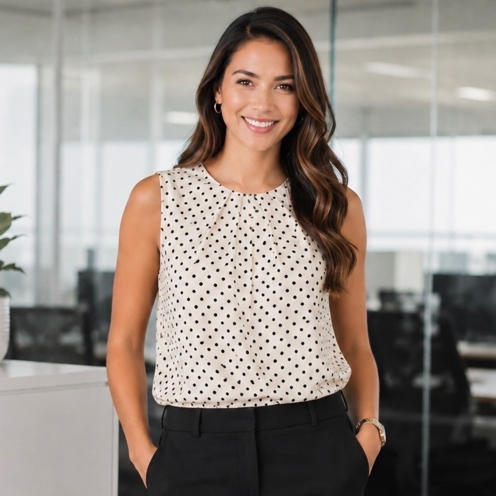 Unknown Polka Dot Blouse Women Medium Cream Black Pleated Sleeveless Top